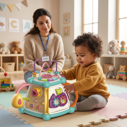 7 u 1 bebi magična kutija u jaslicama dok je beba radoznalo istražuje