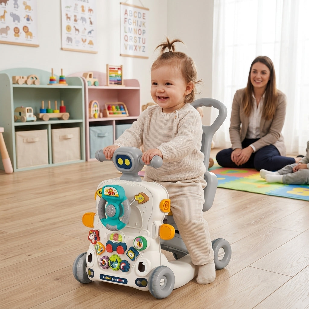 Bebi hodalica 6 u 1 u obliku guralice na kojoj sedi dete u vrtiću