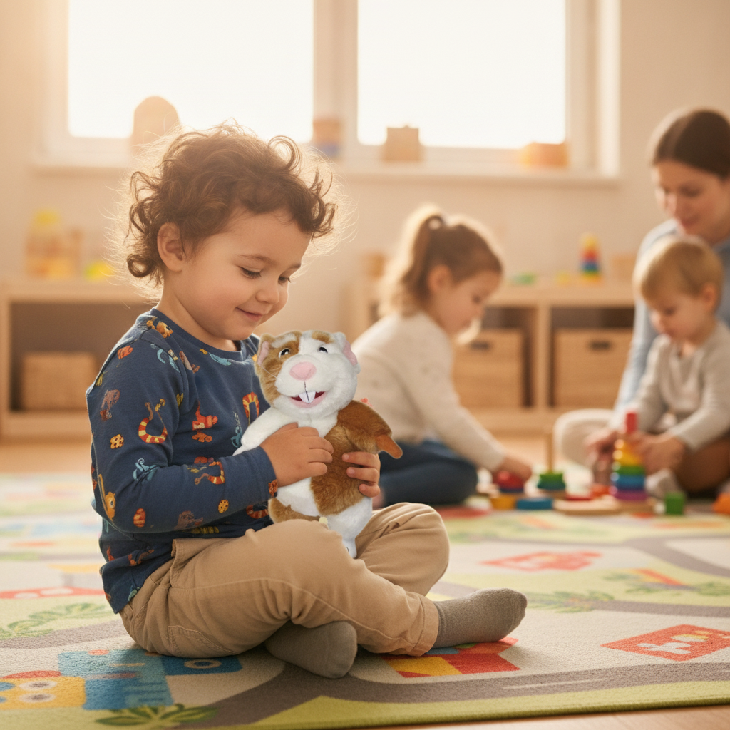 Plišani hrčak Timmly 30 cm u krilu mališana u vrtiću