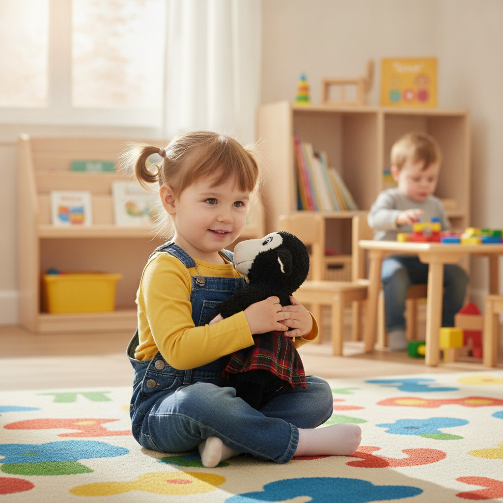 Plišani crni ovan Blacky 30 cm u rukama devojčice tokom jutarnje igre u vrtiću