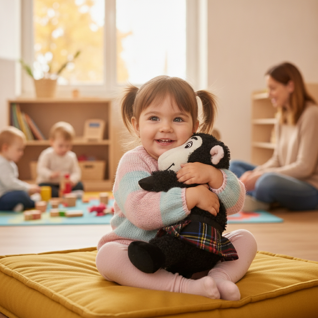 Plišani crni ovan Blacky 20 cm u rukama devojčice u vrtiću