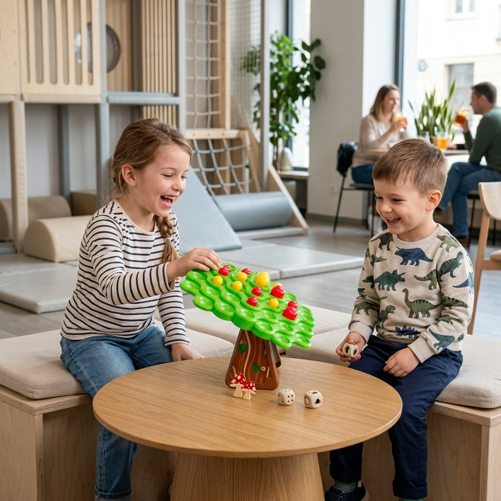 Društvena igra balans Apple u dečijem kutku restorana sa nasmejanom decom