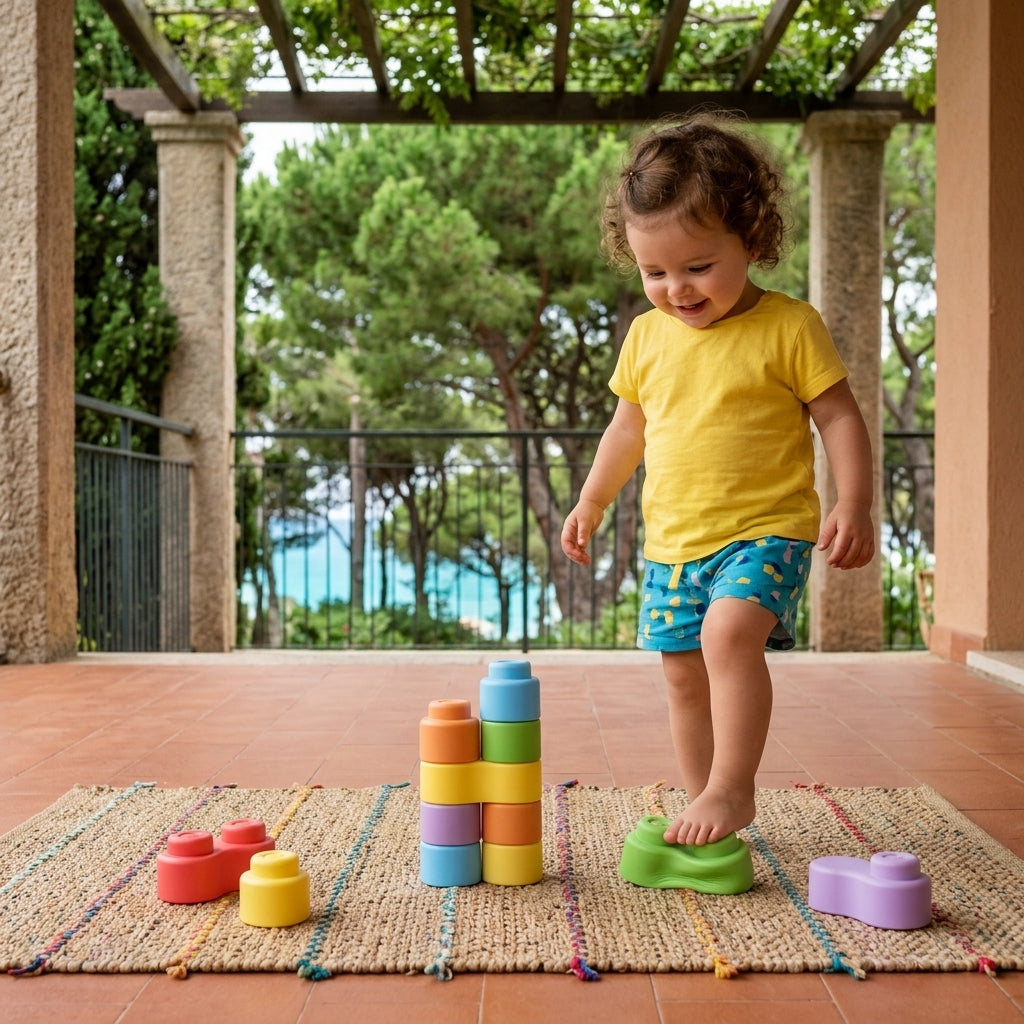 Mekane kocke Momy 24 dela mališan koji bosi staje na mekanu kocku na terasi