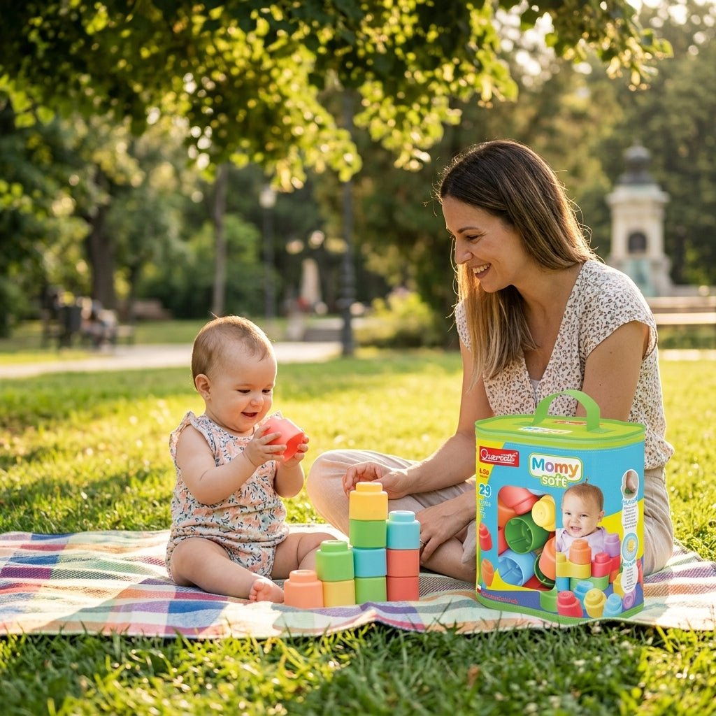 Mekane kocke Momy u mekanoj torbi 28 delova na piknik prostirci u travi sa bebom i mamom