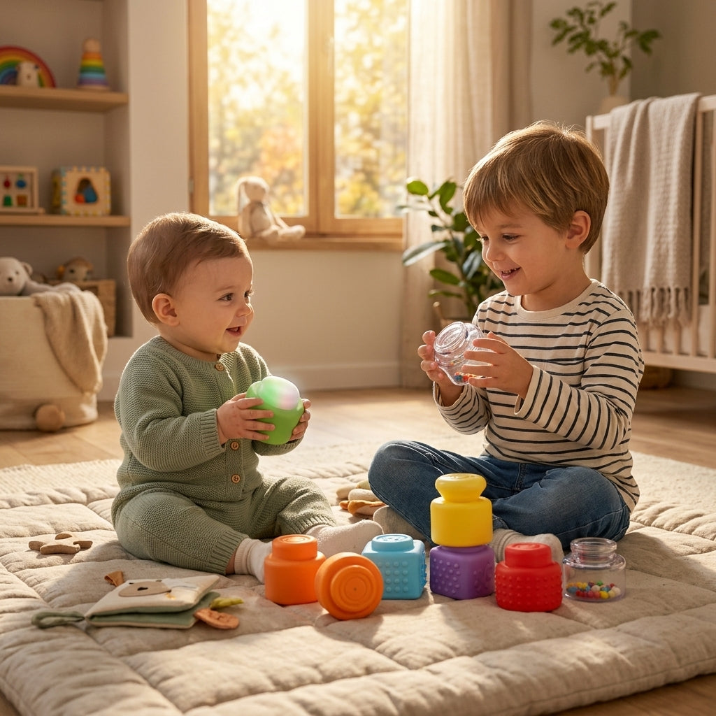 Mekane kocke Momy senzorne 8 delova dok se beba i stariji brat igraju na podu dečije sobe