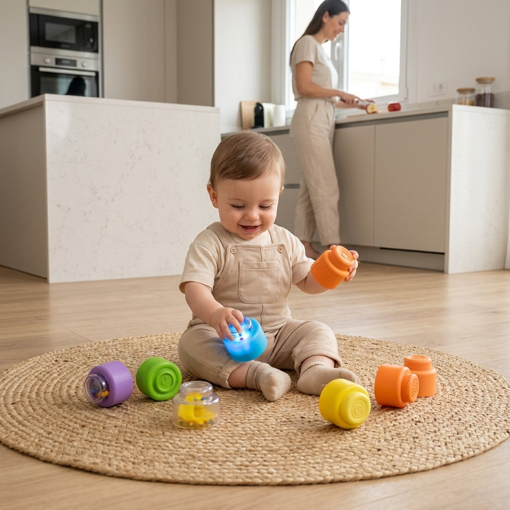 Mekane kocke Momy senzorne 8 delova u kuhinji dok se beba samostalno igra na podu