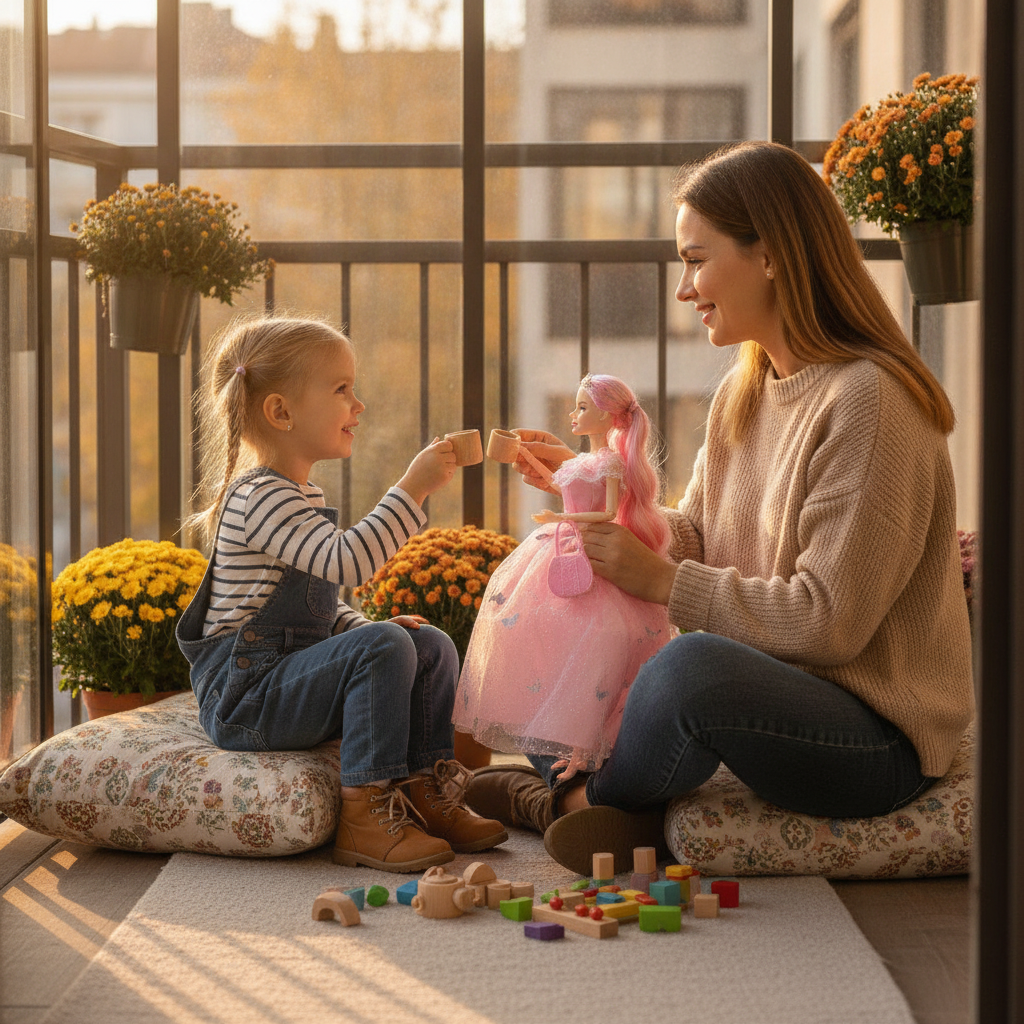 Lutka sa tašnicom u ruci devojčice koja se igra sa mamom na terasi