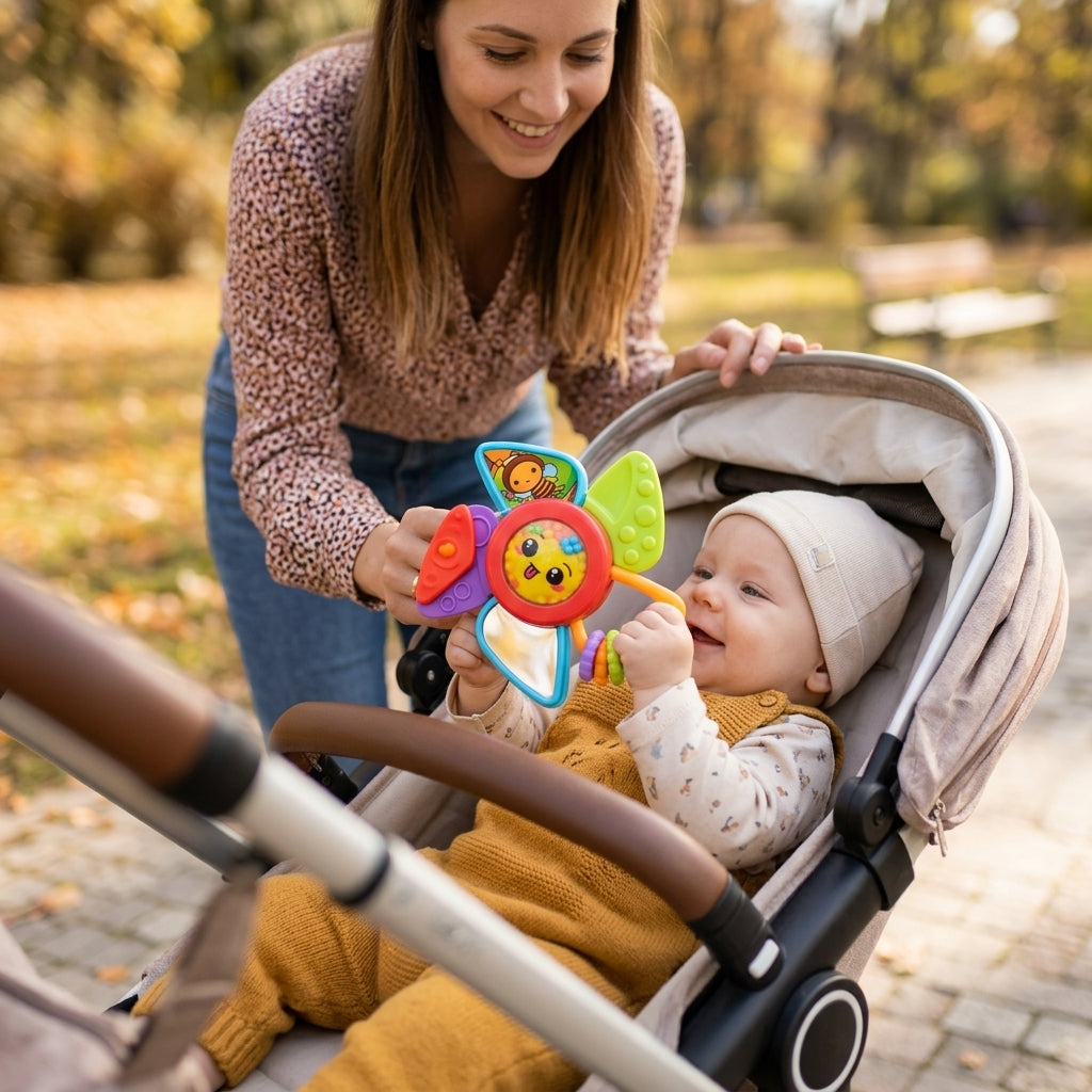 Zvečka set u rukama bebe tokom jesenje šetnje u kolicima