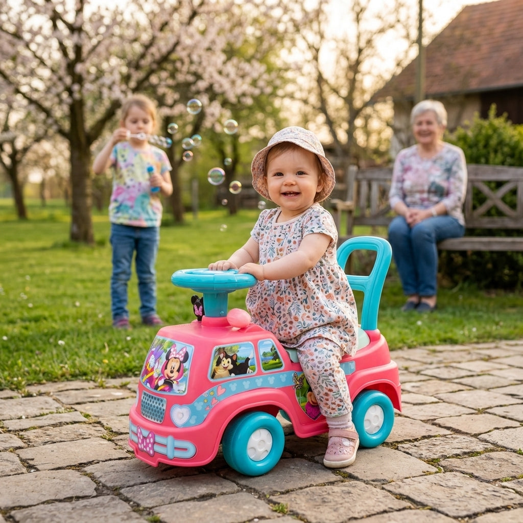 Guralica kamper Minnie sa zvukom i svetlom u dvorištu dok je devojčica vozi