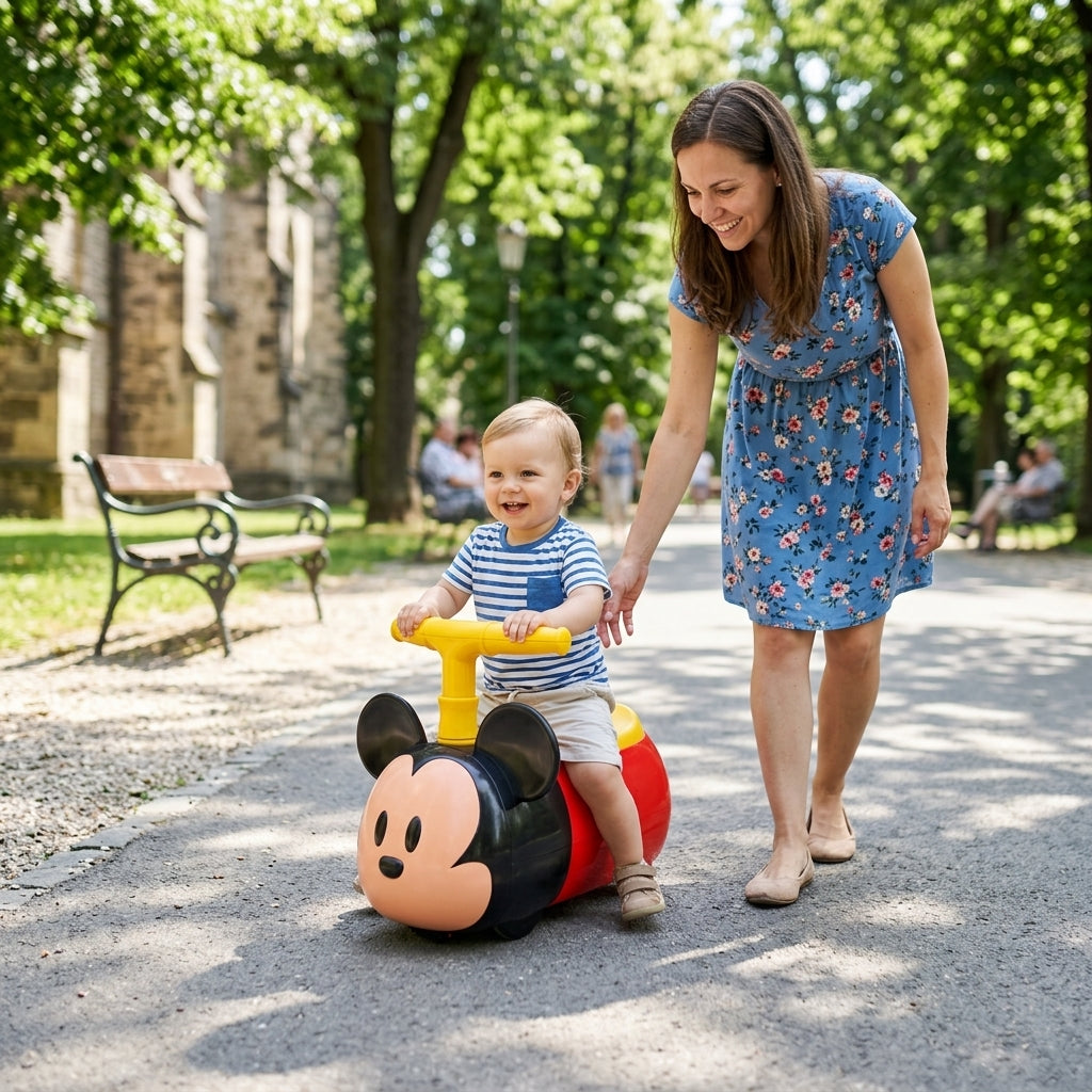 Guralica Mickey sa zvukom i svetlom koju vozi mali dečak na stazi u parku