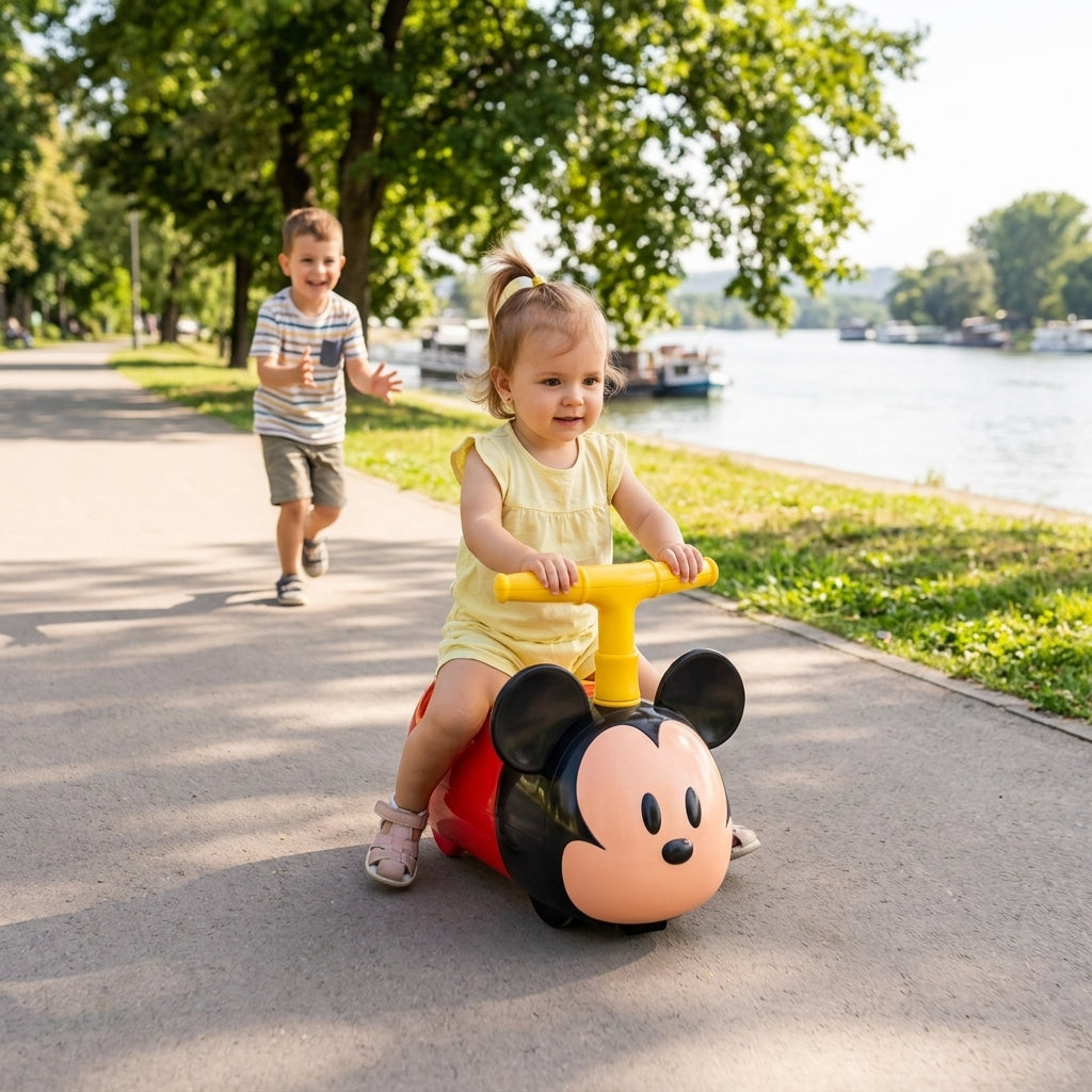 Guralica Mickey sa zvukom i svetlom na šetalištu pored reke dok se deca igraju