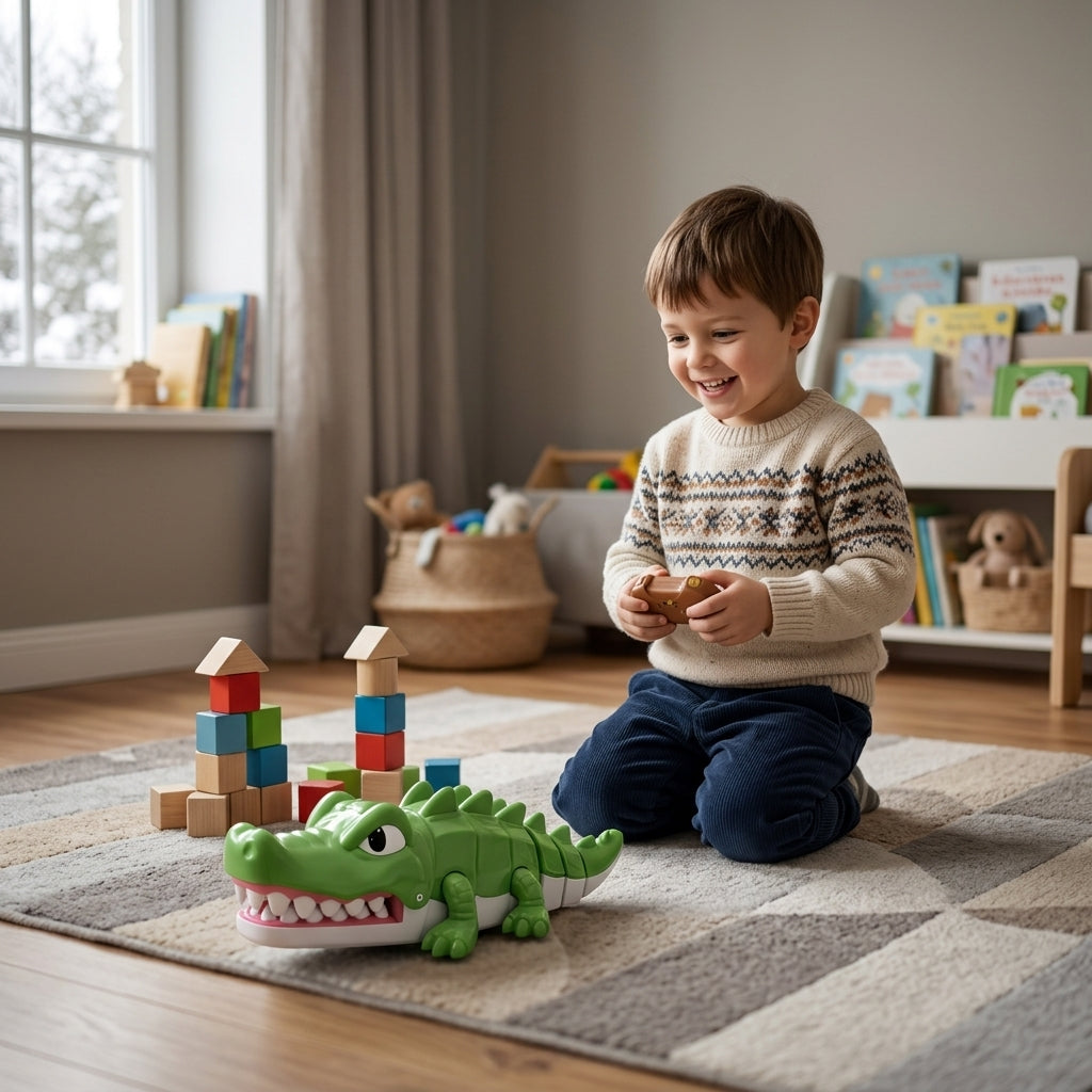 Aligator na daljinski u dečijoj sobi dok se dečak igra na podu