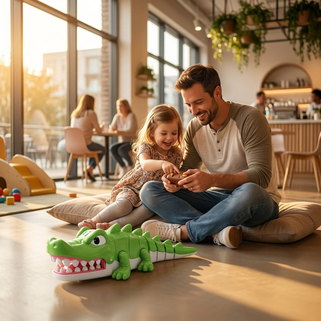 Aligator na daljinski u kutku za igru dok se otac i devojčica zabavljaju