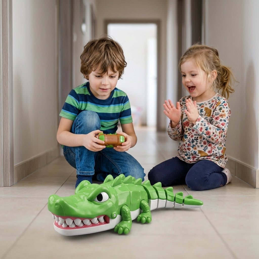 Aligator na daljinski na podu predsoblja u pokretu dok se deca smeju