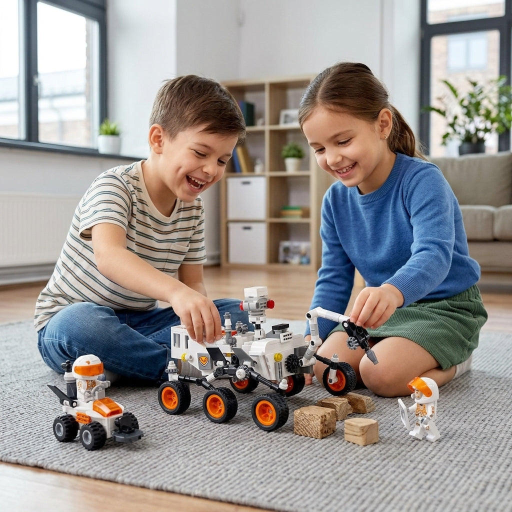 Kocke Rover 373 dela na tepihu dok se dvoje dece igraju sa sklopljenim vozilima i astronautima