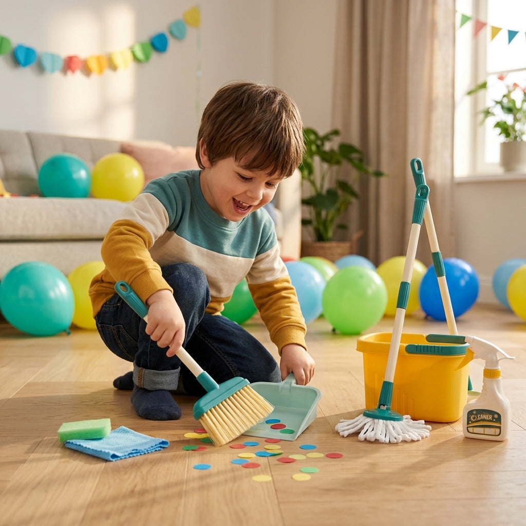 Dečji set za čišćenje 28,5 cm u rukama četvorogodišnjaka koji mete pod nakon proslave