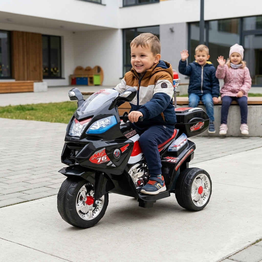 Motor na akumulator crni 115 cm u dvorištu vrtića sa dečakom za upravljačem