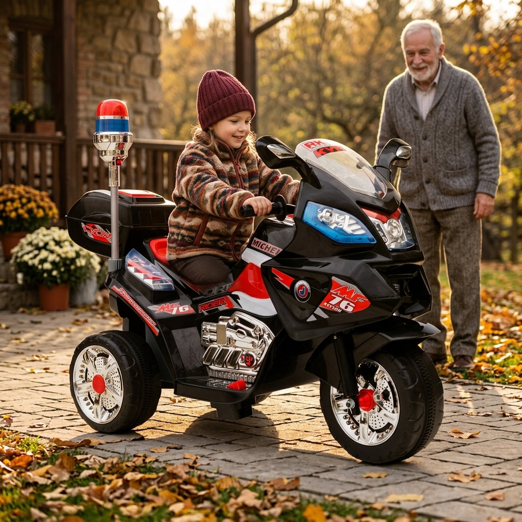 Motor na akumulator crni 115 cm na popločanom dvorištu seoske kuće u jesen