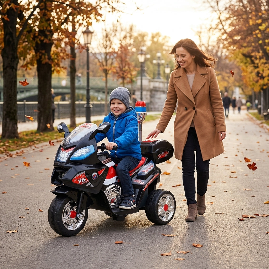 Motor na akumulator crni 115 cm tokom vožnje po stazi u gradskom parku u jesen