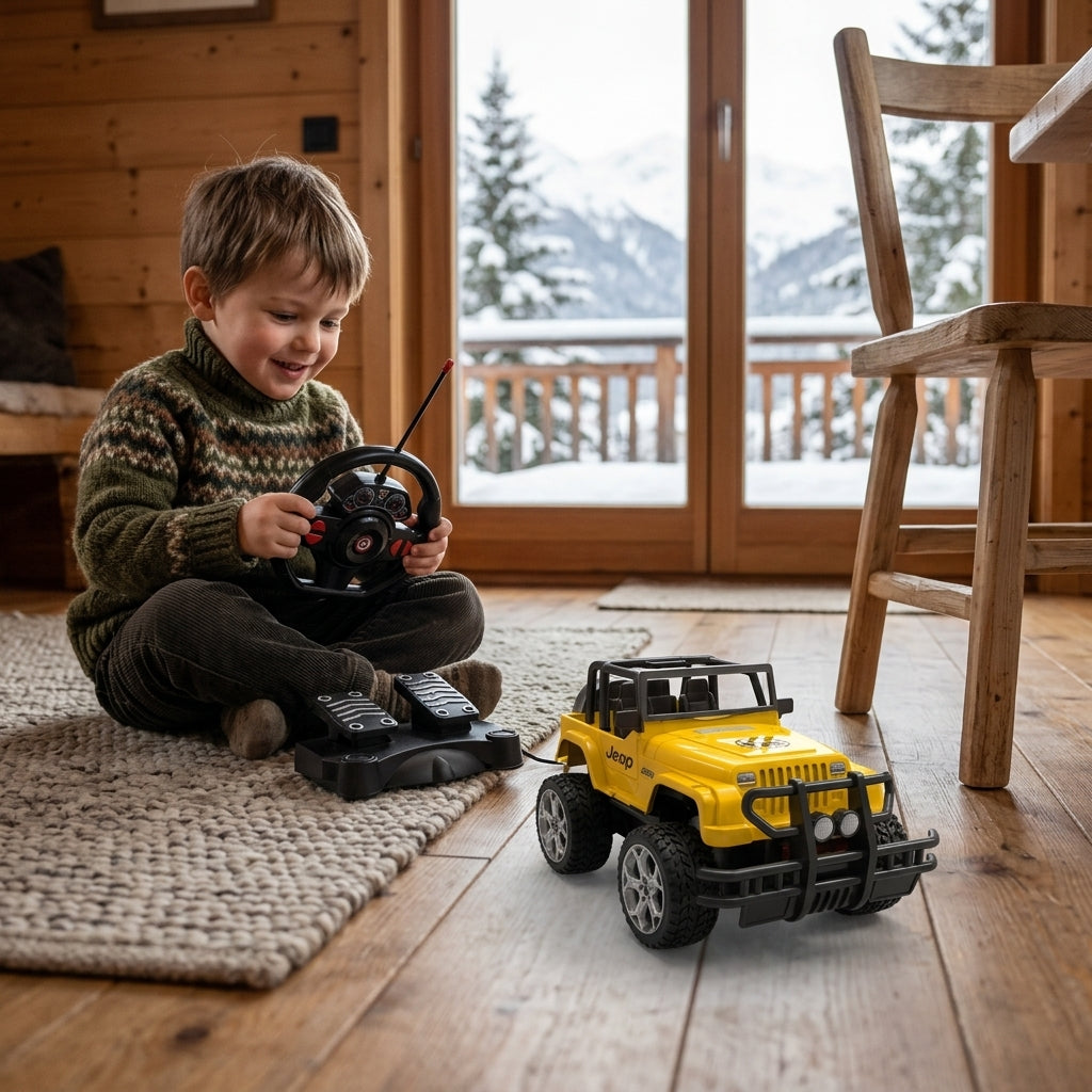 Džip na daljinski – žuti terenski automobil na daljinsko upravljanje u toplom ambijentu vikendice zimi
