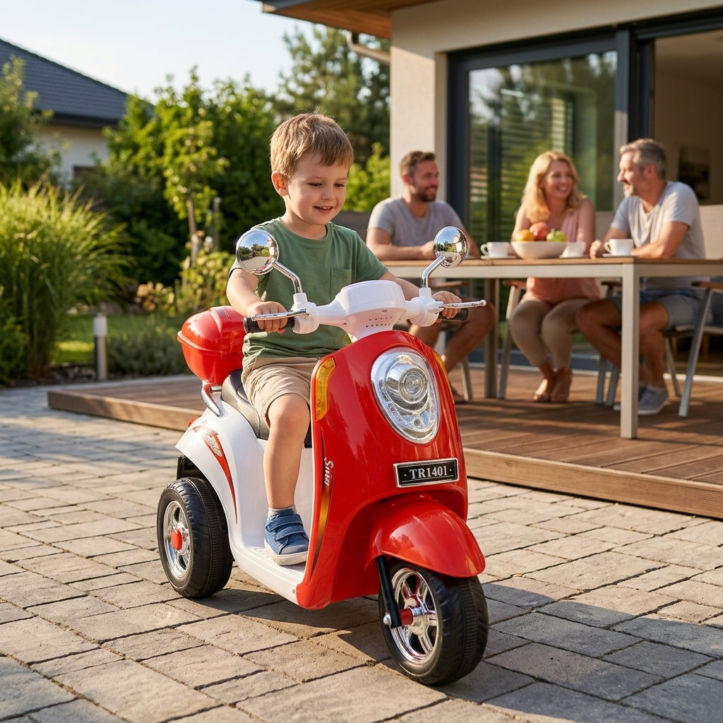 Motor na akumulator crveni 84 cm na popločanom dvorištu dok ga vozi četvorogodišnji dečak