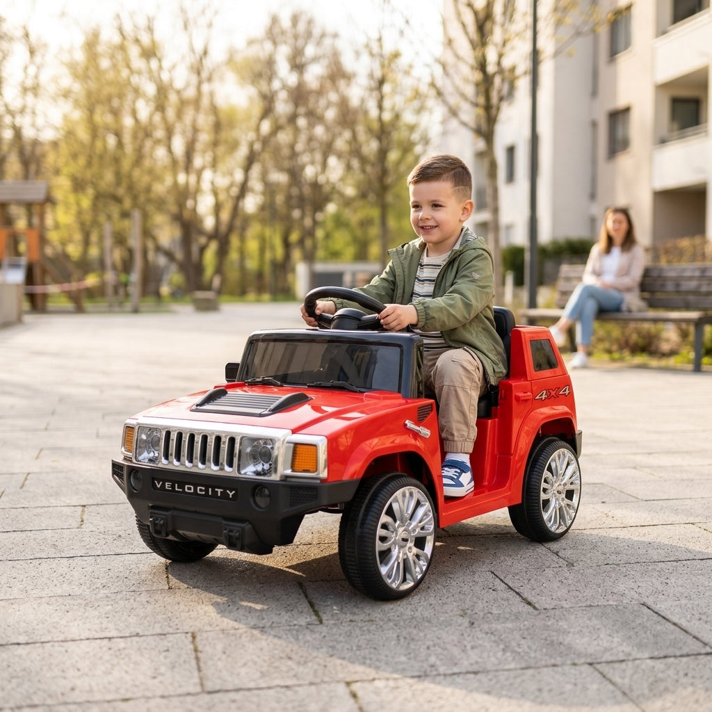 Auto na akumulator crveni na daljinski 93 cm na popločanom platou u toku vožnje