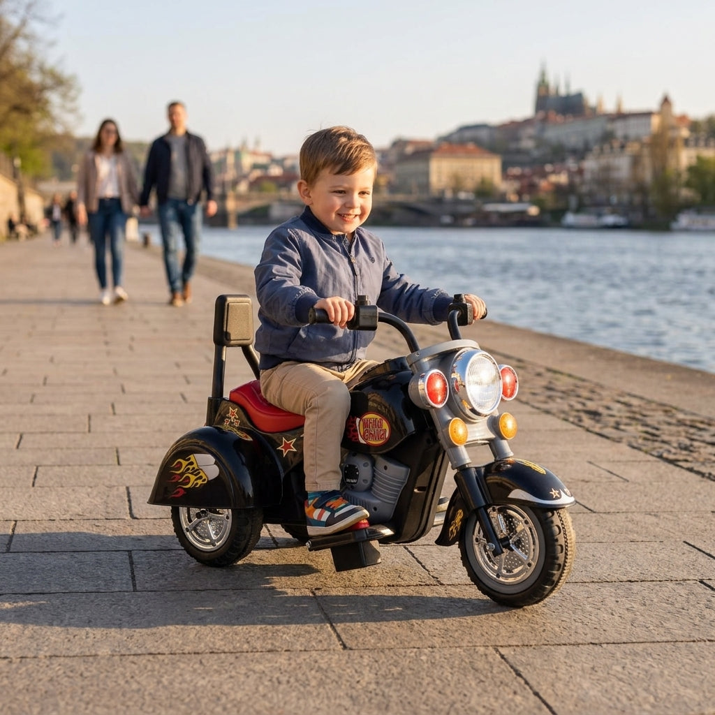 Motor na akumulator crni 95 cm dečak vozi na šetalištu pored reke u proleće