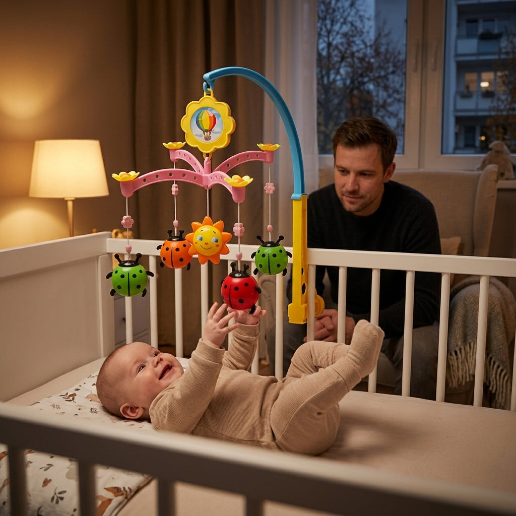 Zvečke za krevetac koje se okreću iznad bebe u večernjoj sobi uz svetlost lampe