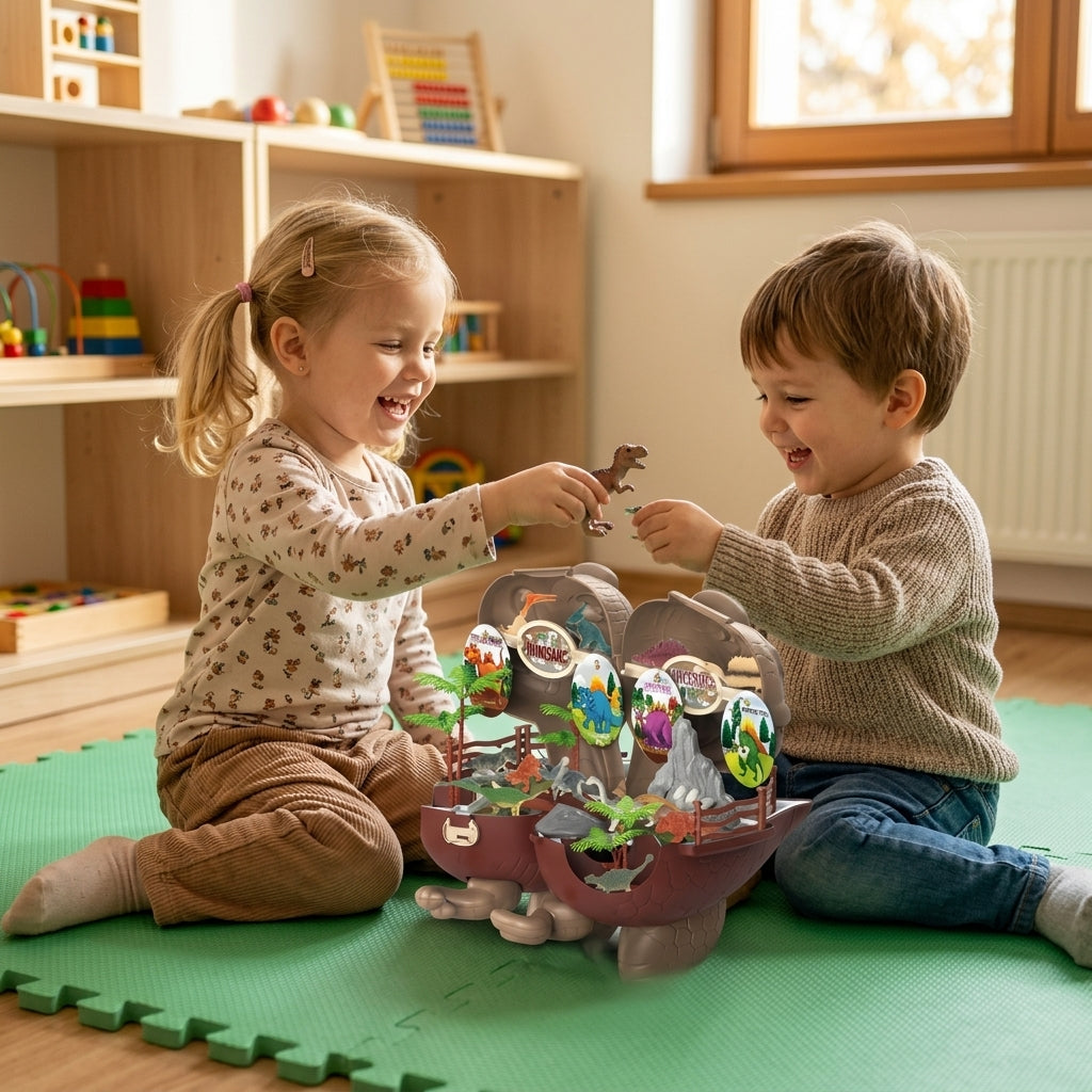 Dino park set 37 delova otvoren na podu dečje igraonice dok dvoje mališana dele figurice