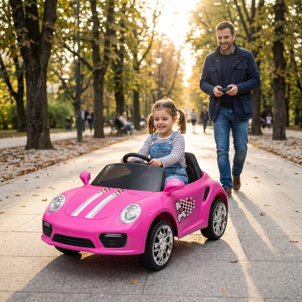 Auto na akumulator roze na daljinski 104 cm tokom vožnje u gradskom parku u popodnevnim satima