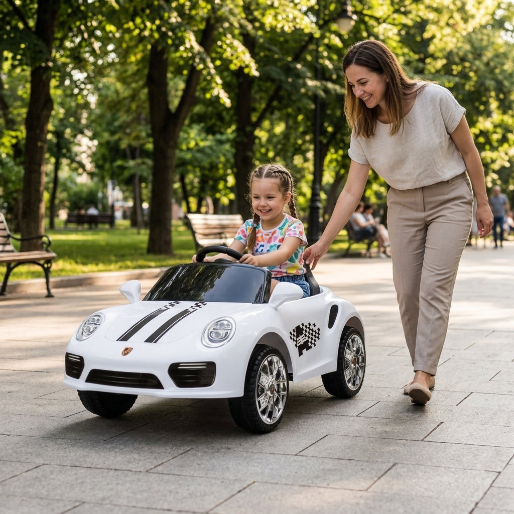 Auto na akumulator beli na daljinski 104 cm vožnja devojčice po stazi u parku
