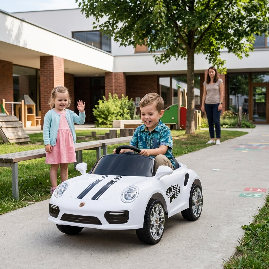 Auto na akumulator beli na daljinski 104 cm na platou ispred vrtića