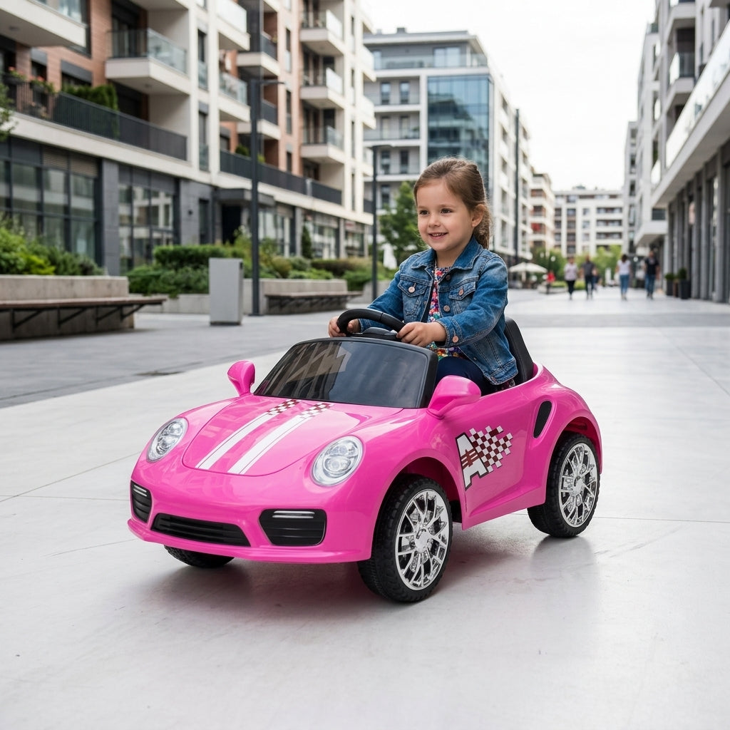 Auto na akumulator roze na daljinski 104 cm na prostranom platou ispred zgrade