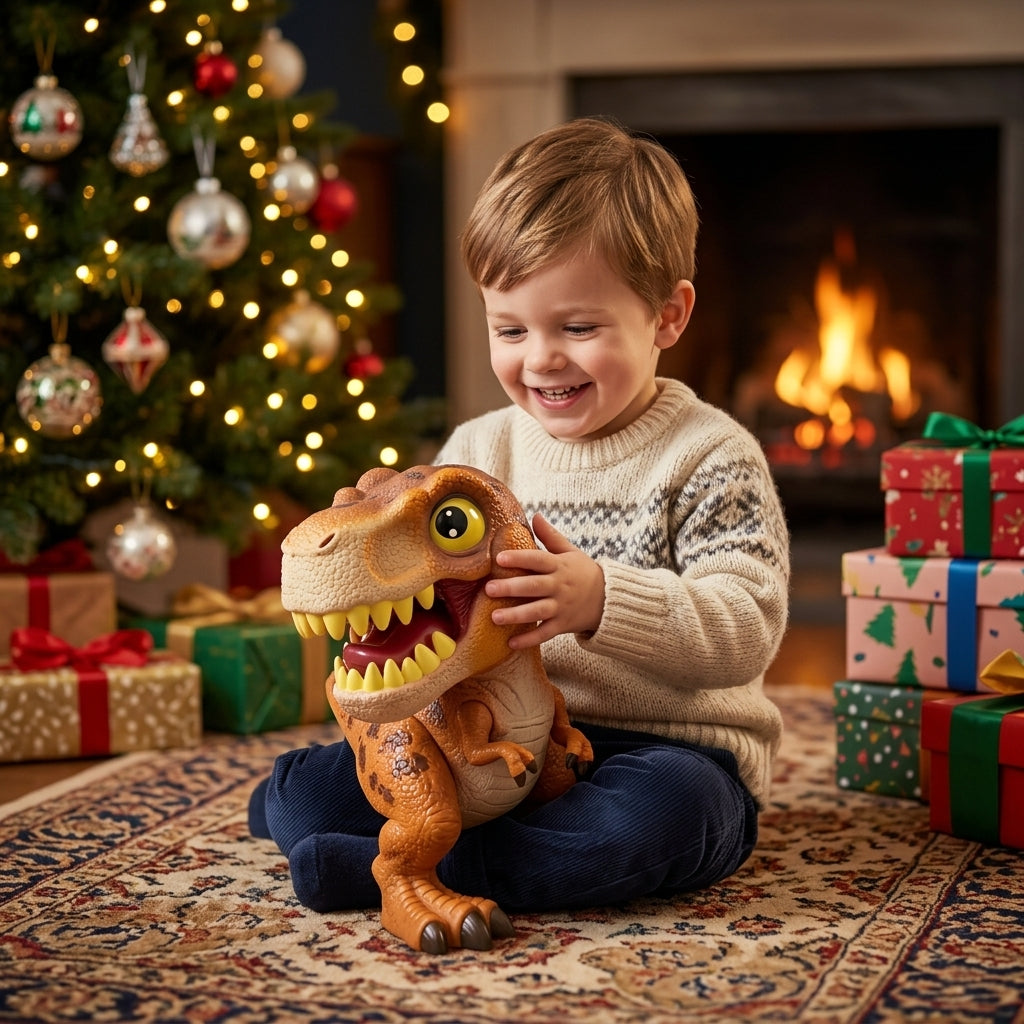 Igračka dinosaurus Tyrannosaurus Rex u rukama dečaka pored okićene novogodišnje jelke sa poklonima