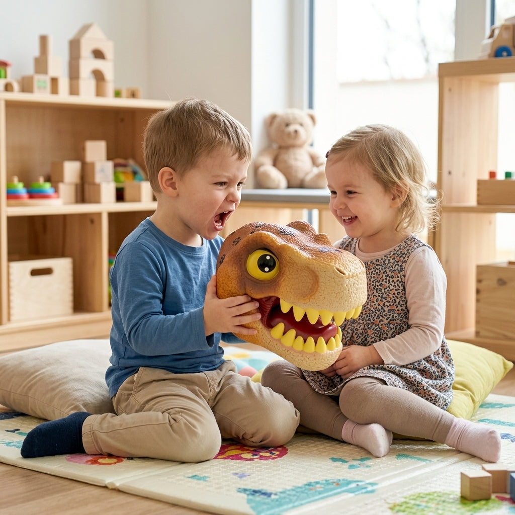 Igračka dinosaurus Tyrannosaurus Rex u igri dece u prijatnom kutku dečijeg vrtića