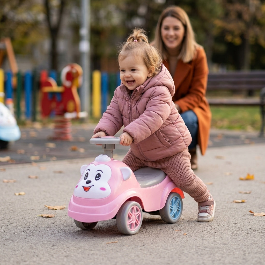 Guralica miks roze boje koju devojčica samostalno vozi na igralištu