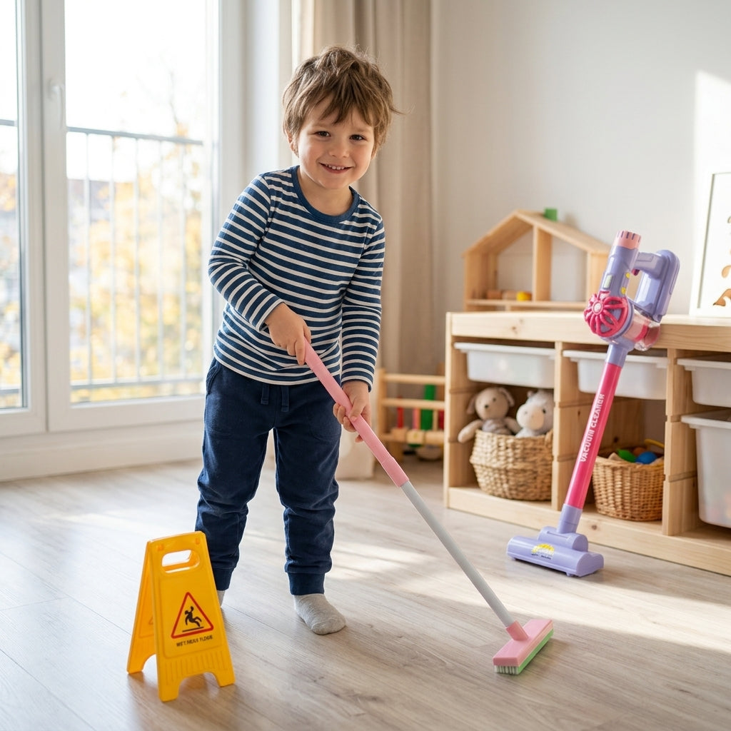 Dečji set za čišćenje sa usisivačem, dečak koristi igračku mop i žuti znak u svojoj sobi