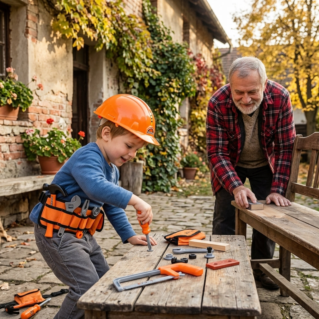 Dečji pojas za alat 17 delova na dečaku u dvorištu sa dedom