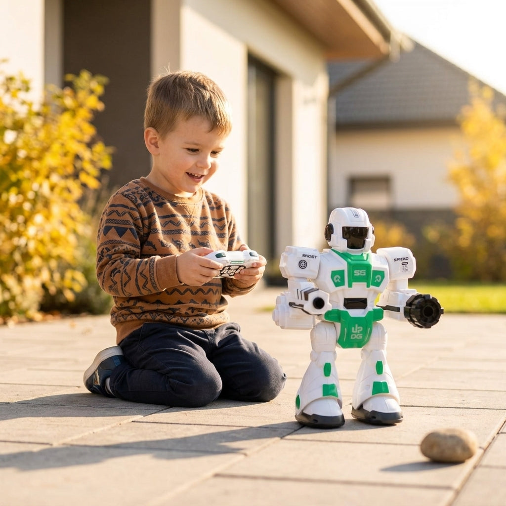 Interaktivni robot na daljinski na popločanoj stazi u dvorištu dok se dete igra