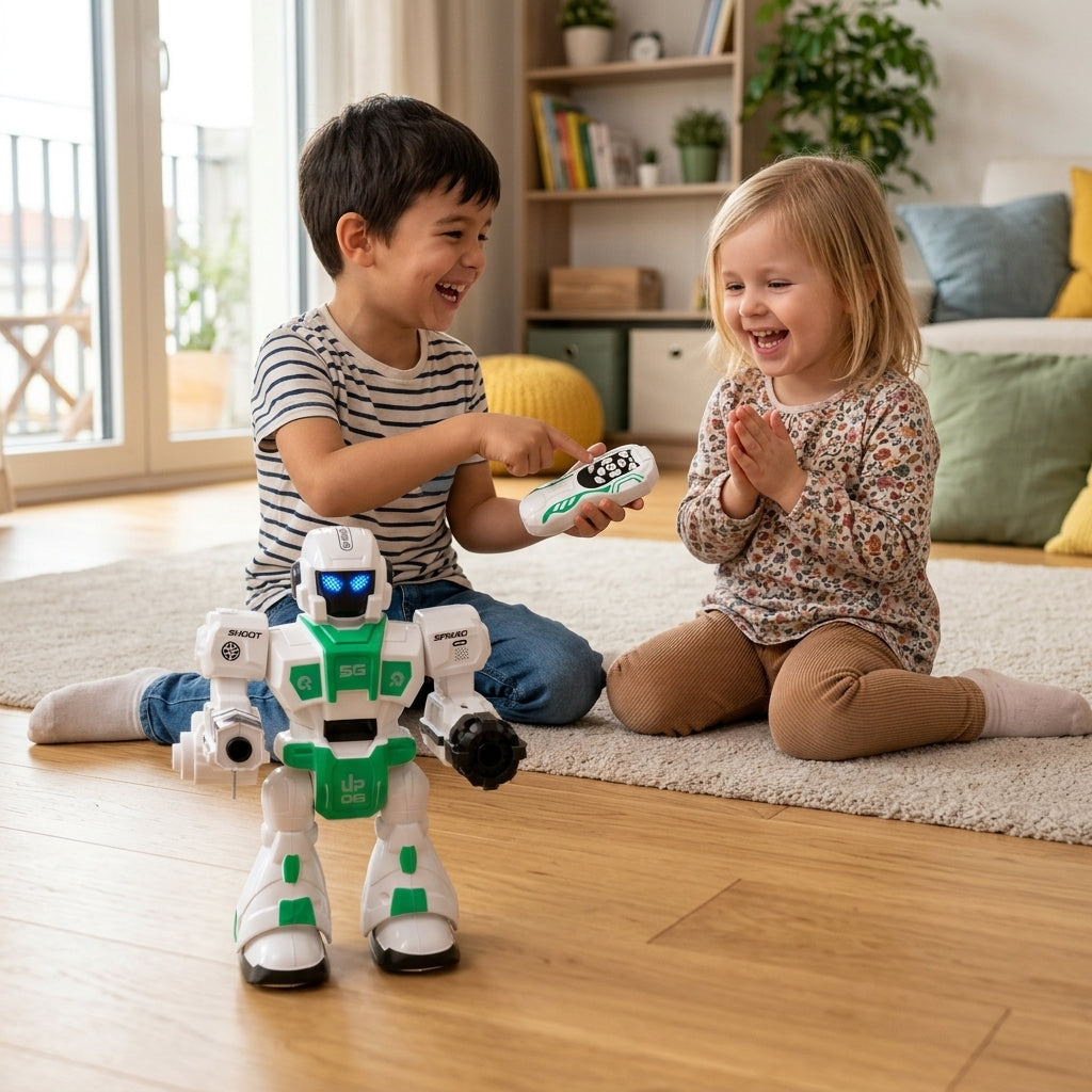 Interaktivni robot na daljinski u dnevnoj sobi dok se deca igraju na podu