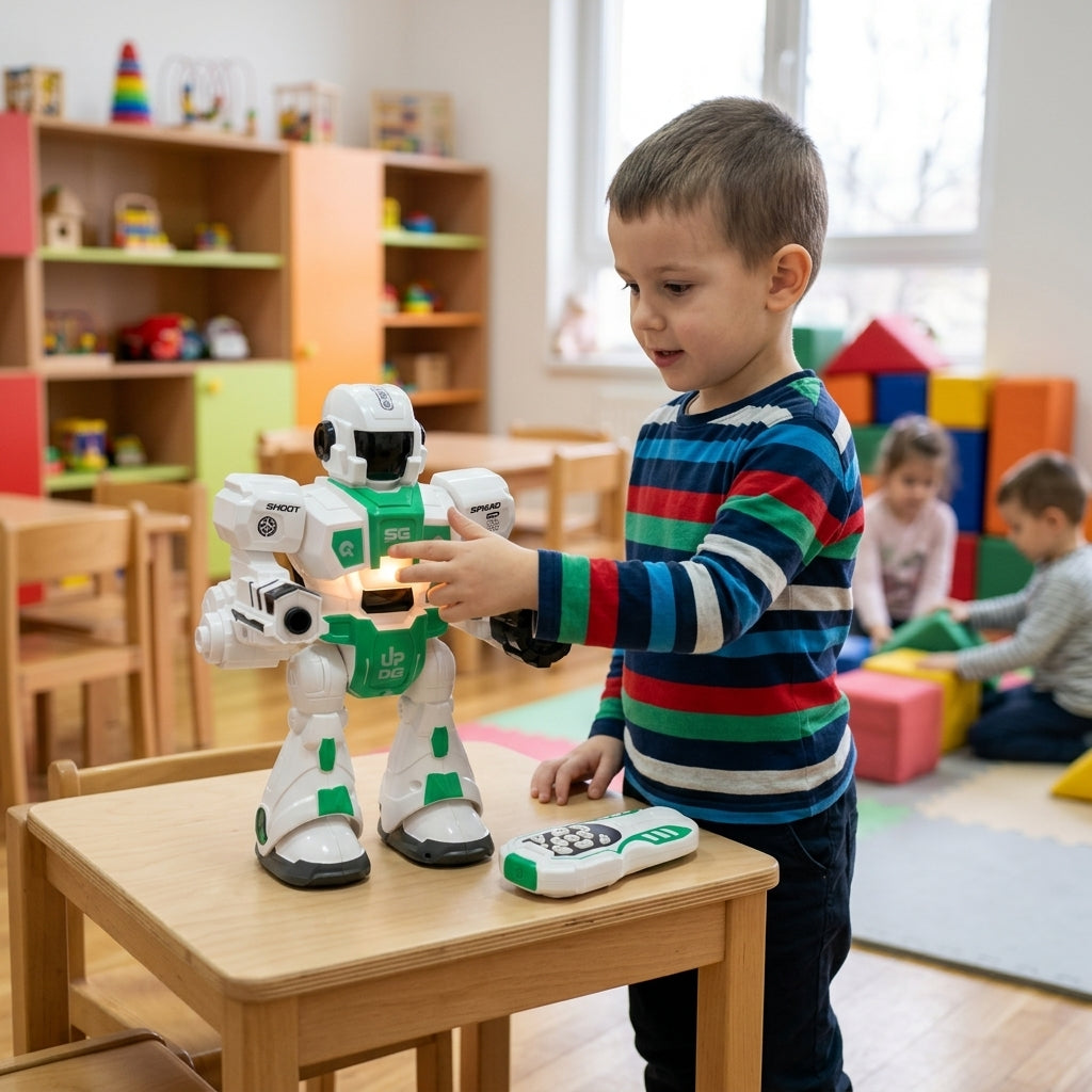 Interaktivni robot na daljinski na stolu u vrtiću dok ga dete radoznalo posmatra