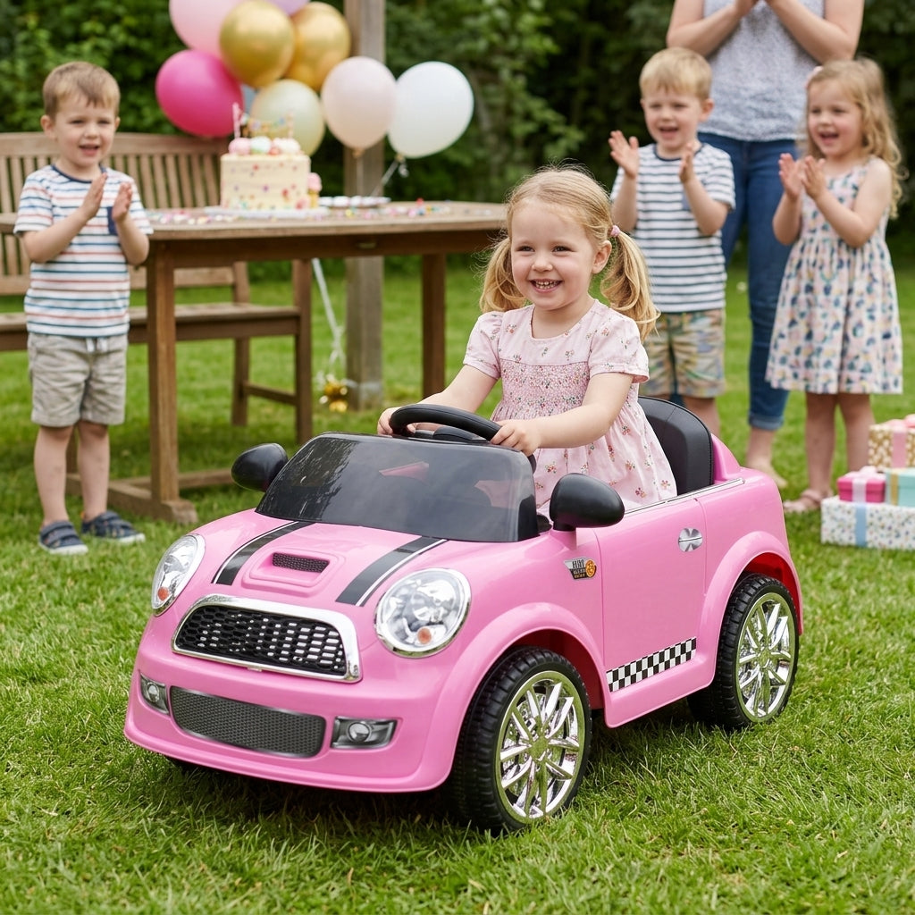 Auto na akumulator roze na daljinski 99 cm na rođendanskoj zabavi u dvorištu