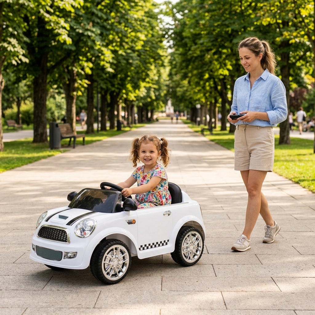 Auto na akumulator beli na daljinski 99 cm devojčica se vozi stazom u parku uz roditeljsku asistenciju