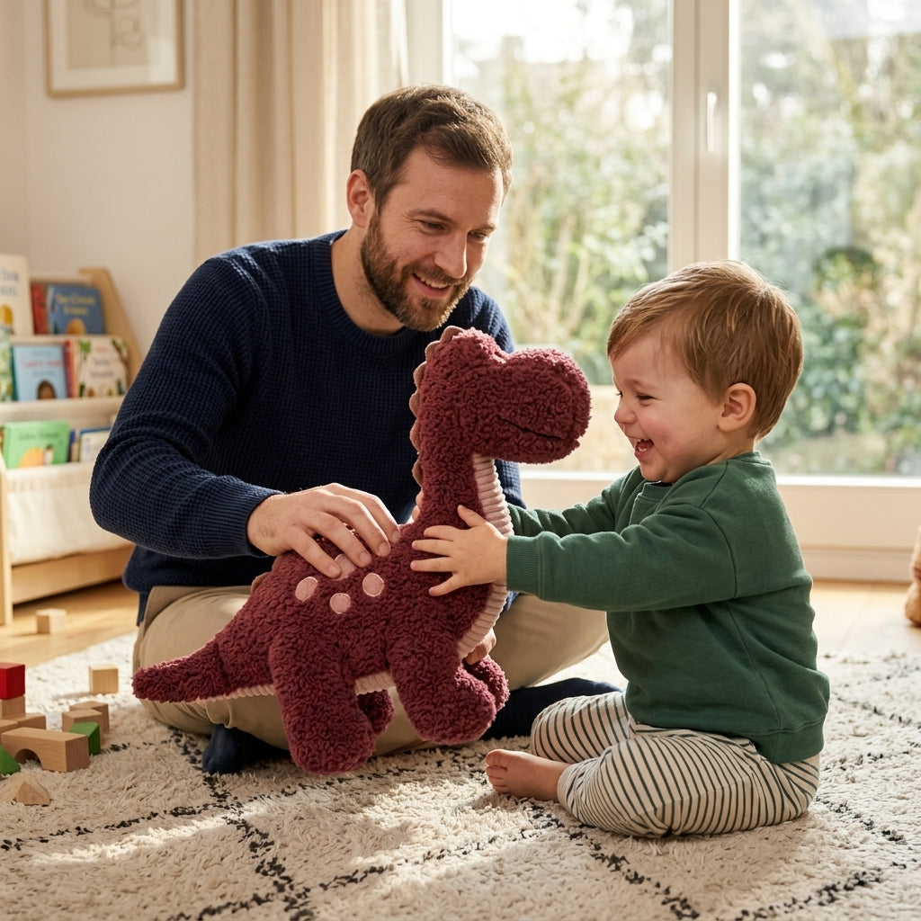 Plišani dinosaurus miks dok se tata i dete igraju na podu sobe