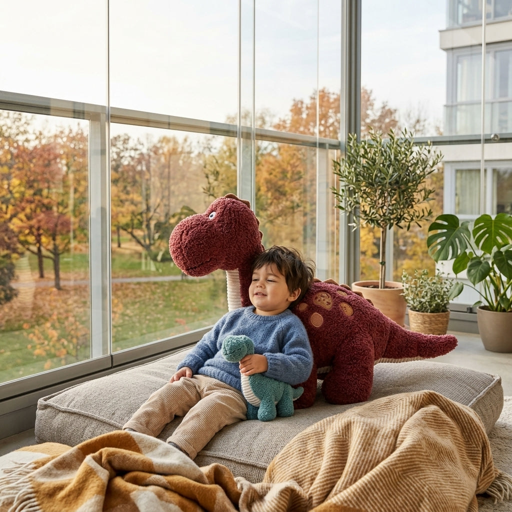Plišani dinosaurus miks kao udoban oslonac za dete na zastakljenoj terasi