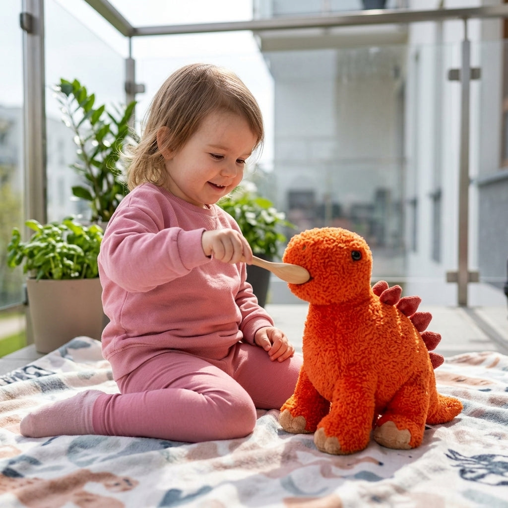Plišani dinosaurus miks boja tokom igre na terasi stana