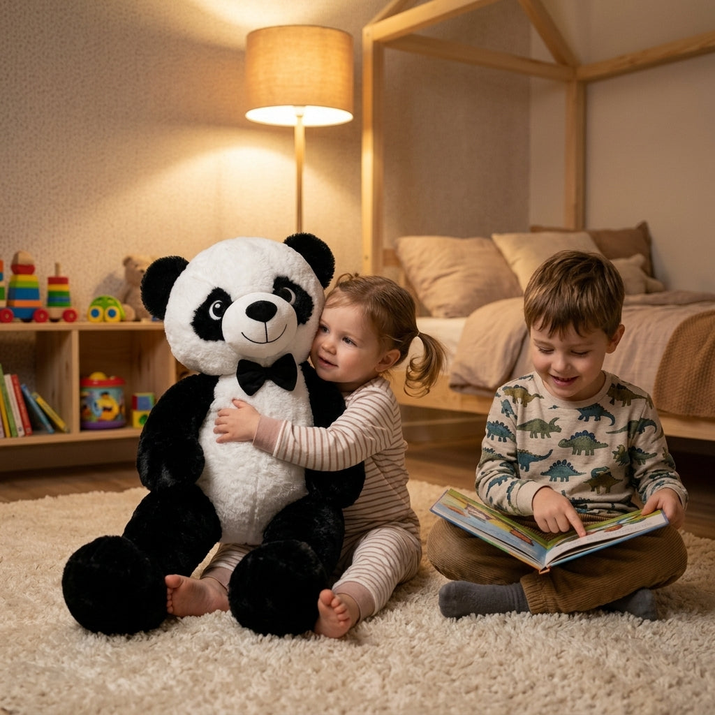 Plišana igračka Panda u naručju devojčice tokom večernje priče sa bratom