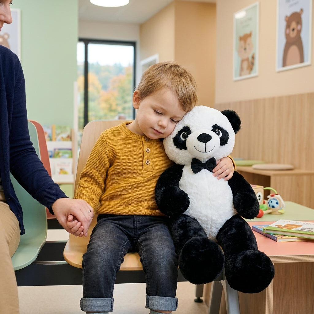 Plišana igračka Panda pruža utehu dvogodišnjem dečaku u lekarskoj čekaonici