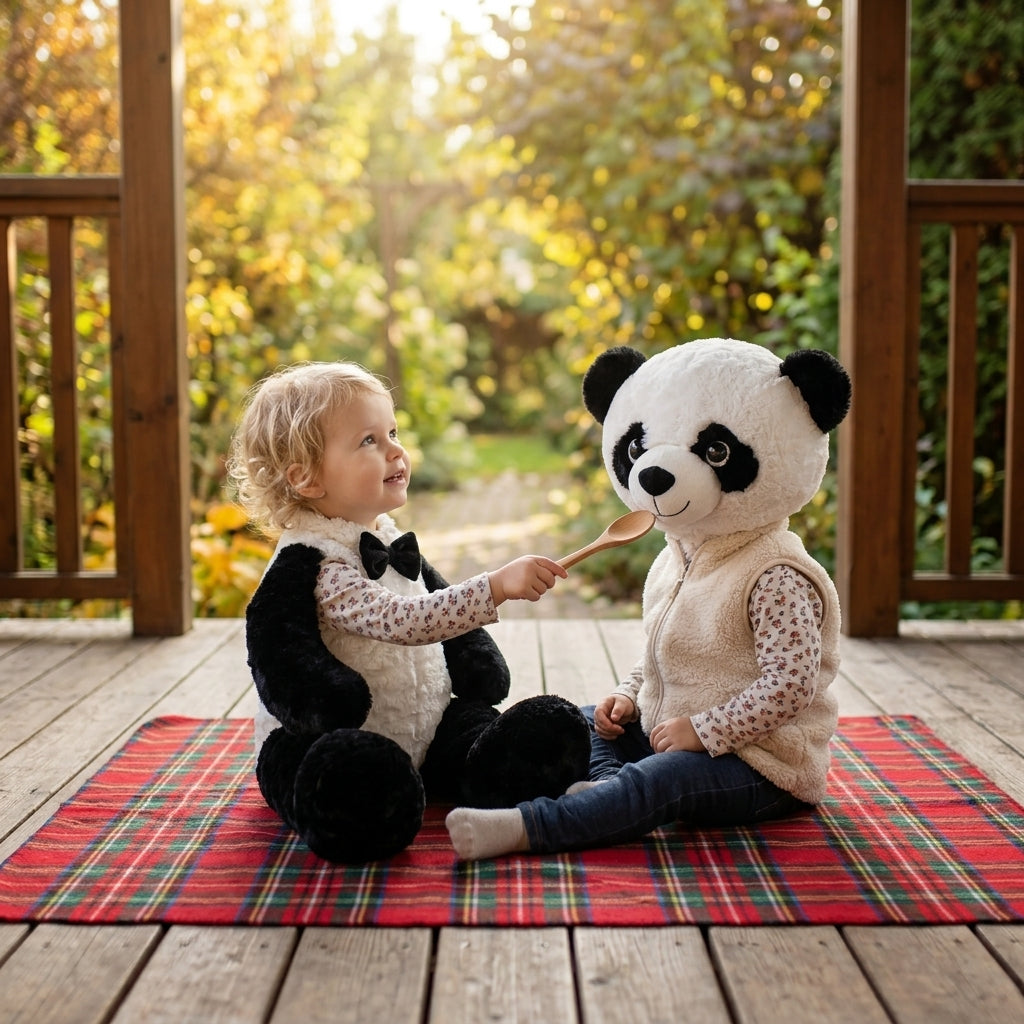 Plišana igračka Panda sedi na ćebetu na terasi dok se devojčica igra