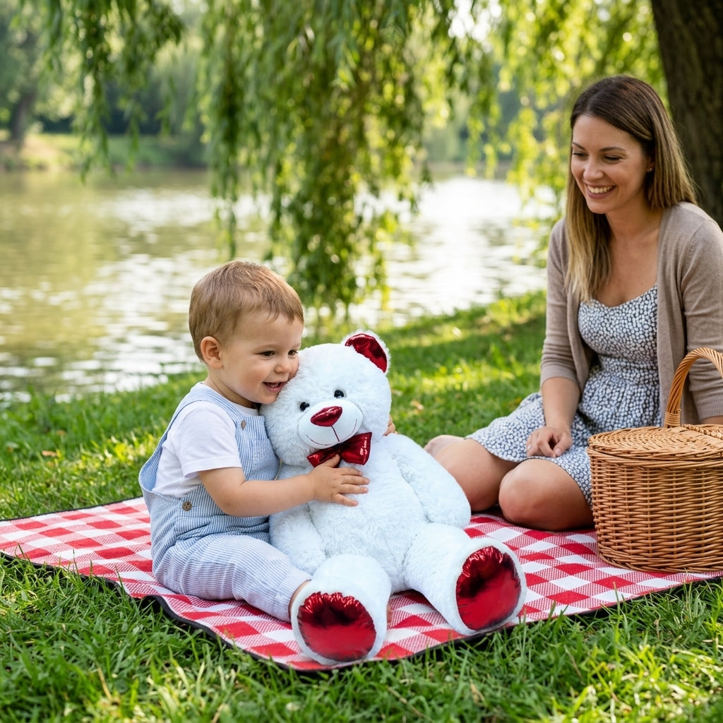 Plišana igračka meda na piknik ćebetu pored reke sa malim detetom